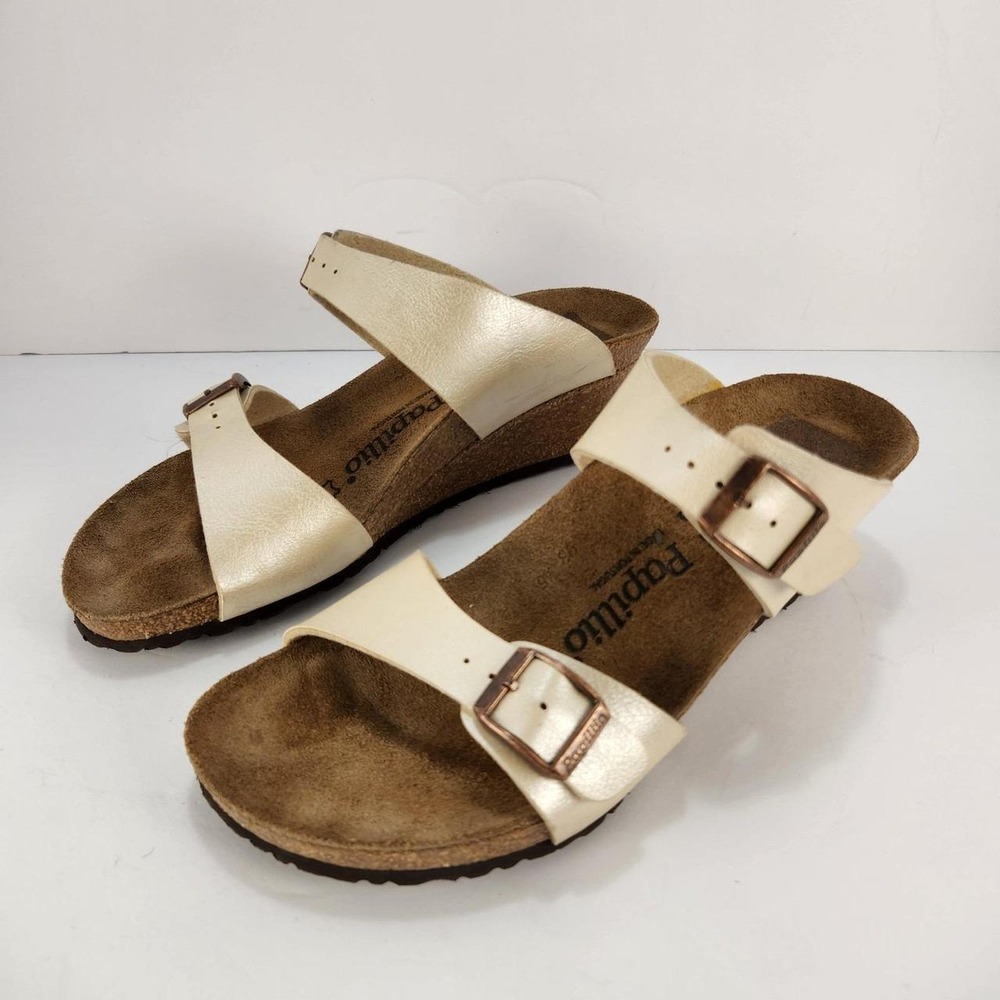 Papillio by Birkenstock Womens 38 US 7 Cream Pearl Wedge Sandals Double Strap